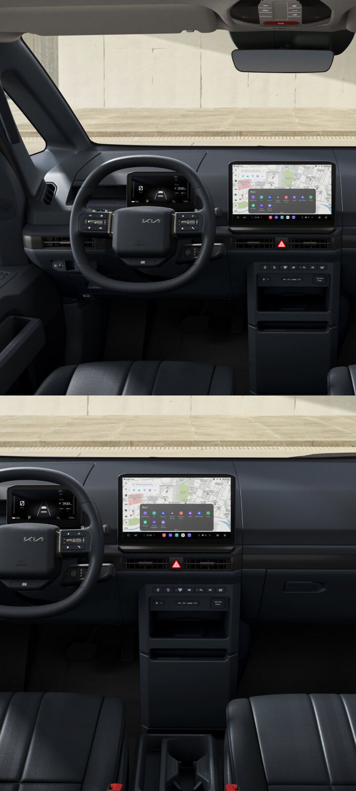 Fahrerperspektive auf das Cockpit des Kia PV5 Passenger mit Lenkrad und Infotainment-Display.